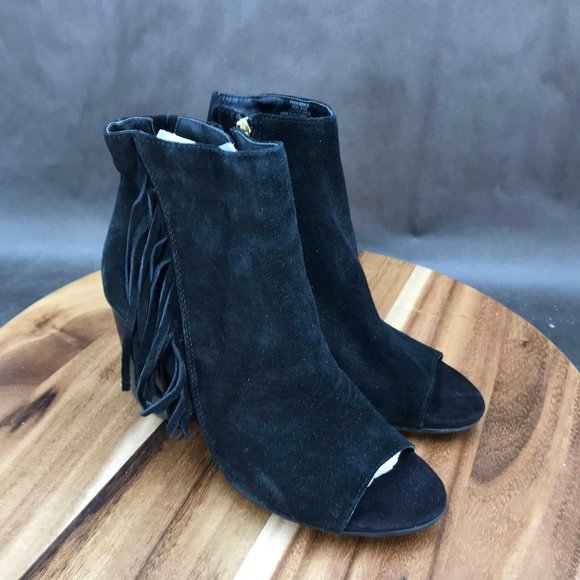 Kenneth Cole Reaction Black Suede Fringe Zip Up Block Heel Peep Toe Booties 8.5 - Picture 1 of 7